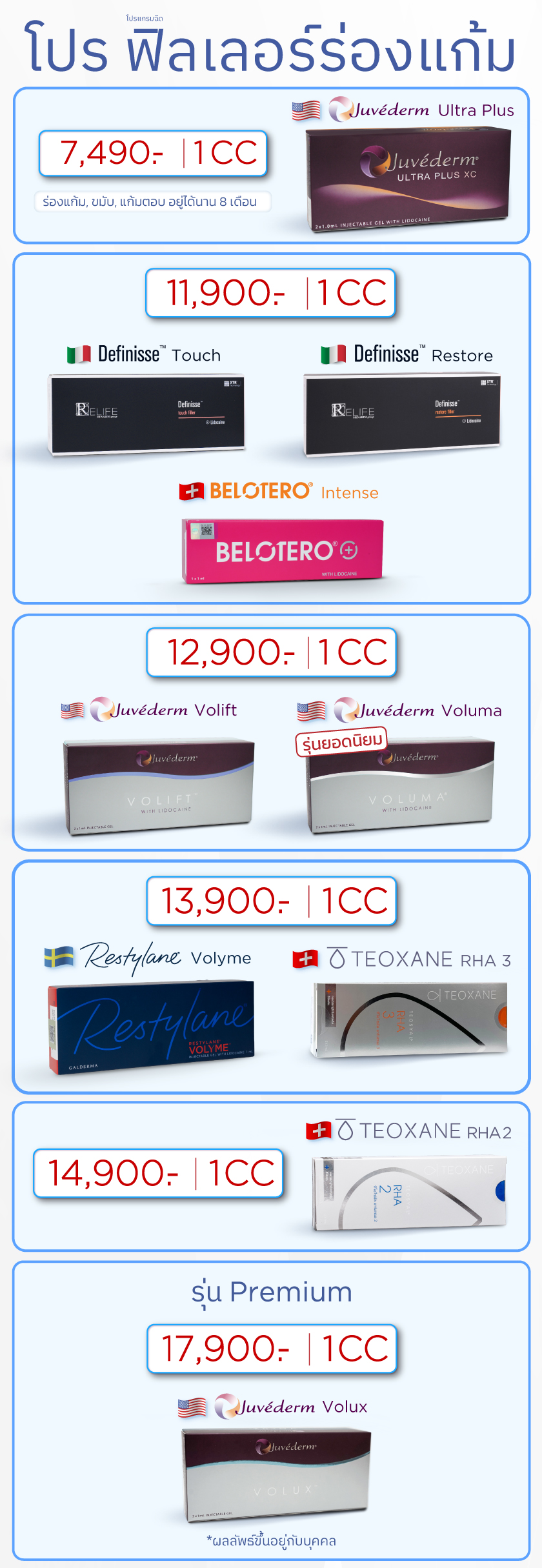 โปรฟิลเลอร์ร่องแก้ม, ราคาฟิลเลอร์ร่องแก้ม